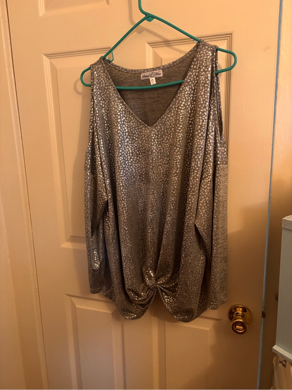 Cold-Shoulder Metallic Twist Hem Blouse - Silver